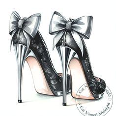 a drawing of a pair of high heeled shoes with a bow on the side