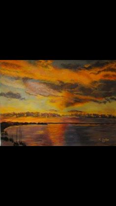 an oil painting of a sunset over the ocean