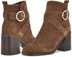 Nine West Needyou | Zappos.com Block Heel Booties With Buckle Closure, Fall Suede Booties With Buckle Closure, Fall Workwear Booties With Buckle Closure, Fall Boots With Buckle Closure And Block Heel, Dressing Over 50, Buckle Booties, Brown Suede, Product Reviews, Nine West