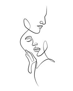 a line drawing of a woman's face with her hands on her chest, looking to the side