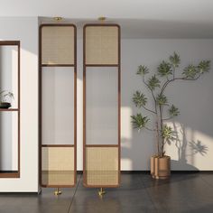 an empty room with some plants in the corner and two tall wooden screens on the wall