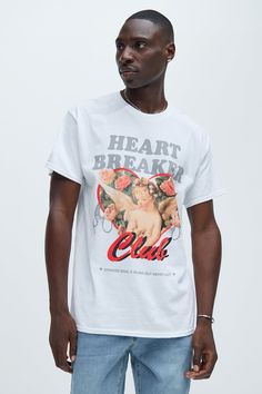 Available In White. Crew Neck Short Sleeve Screen Print 100% Cotton Imported | Mens Heart Breaker Club Short Sleeve Tee Shirt in White size 2XL by Fashion Nova White Heart Print Top For Streetwear, Search By Photo, Heart Breaker, White Crew Neck, Free Dresses, Mens Graphic Tee, White Fashion, Screen Print, Everyday Essentials Products