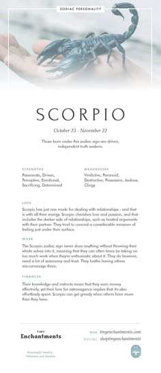 the scorpio flyer is shown in blue and white, with an image of a scorpion