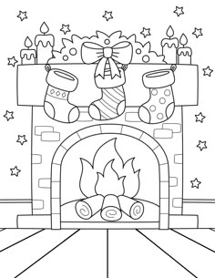 a fireplace with stockings and candles on it in the middle of a coloring book page