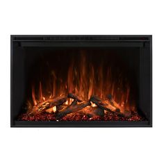 an electric fireplace with flames and logs