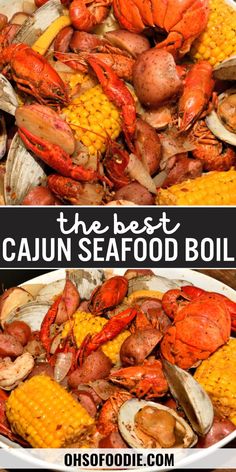 Text reads The Best Cajun Seafood Boil Recipe Easy Cajun Food Recipes, Crockpot Cajun Boil, Seafood Cajun Boil, Healthy Seafood Boil Recipes, Stovetop Seafood Boil, Best Low Country Boil Recipe, Onion Boil Recipe Tik Tok, Cajun Boil Recipe, Boil Recipes Cajun