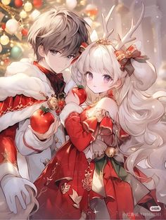 two anime characters standing next to each other in front of a christmas tree with lights