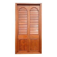 an open wooden door with shutters on the sides and side panels, isolated against a white background