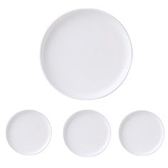 three white plates with one empty plate on the side and four smaller ones in front