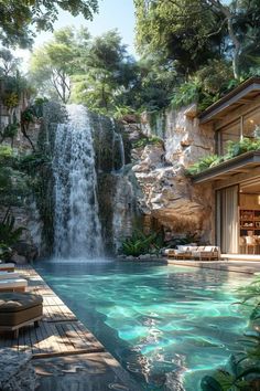 an outdoor pool with waterfall in the background and lounge chairs around it, surrounded by greenery