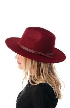 Featuring a kiss of wool for a classic look, this Panama hat is the perfect year-round accessory for your look. Dented crown Flat brim Solid 90% polyester, 10% wool Spot clean Imported Wool Wide Brim Boater Hat For Fall, Wide Brim Wool Boater Hat For Fall, Wool Boater Hat With Flat Brim For Fall, Burgundy Flat Brim Felt Hat For Fall, Burgundy Brimmed Fedora For Fall, Flat Brim Felt Hat For Fall, Burgundy Fedora Hat For Fall, Burgundy Winter Fedora With Short Brim, Burgundy Short Brim Fedora For Winter