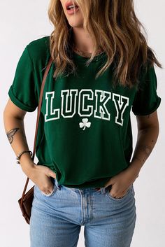 Unleash your luck with our LUCKY Round Neck Short Sleeve T-Shirt! Made with high-quality fabric and a comfortable fit, it's perfect for everyday wear. Its stylish design and vibrant colors are sure to make a statement. Get ready to feel confident and stand out in any crowd. Lisa Fischer, Design Jersey, Puff Print, Lucky Clover, Short Sleeve Pattern, Saint Patrick, Trendy Tee, Casual T Shirt, Basic Style