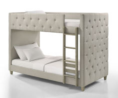 beige button tufted upholstered bunk bed with two twin size beds and a ladder