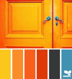 an orange door with six different colors in the front and side panels on each panel