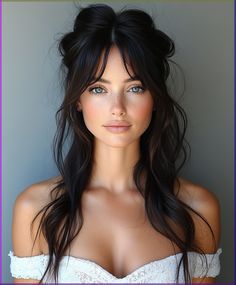 👩 Time for a fabulous change? Elongate your face shape with this Chic Half Up Knot with Feathered Bangs wedding hairstyles half up half down medium length with bangs. Master the art of creating textured waves. Perfect for busy professionals who need a quick morning routine. Easy to maintain and style at home. Click for a step-by-step guide! #ChicHalfUpKnotwithFeatheredBangsweddinghairstyleshalfuphalfdownmediumlengthwithbangs Wedding Hairstyles Long Hair Bangs, Wedding Hair Fringe Bangs, Rocker Wedding Hair, Edgy Wedding Hair Half Up, Shag Wedding Hairstyles, Medium Bangs Hairstyle, Half Bangs Haircuts, Bridesmaid Hairstyles With Curtain Bangs, Big Curls With Bangs