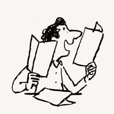 a black and white drawing of a man reading a book while holding a binder