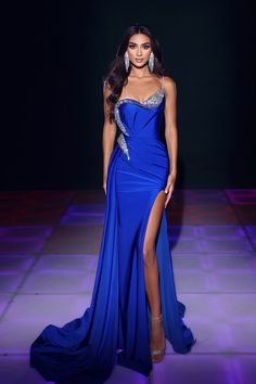 PS23390 Cobalt Modern Prom Dress, Royal Blue Evening Gown, Royal Blue Evening Dress, Portia And Scarlett, Fancy Dinner Party, Robes D'occasion, Scarlett Dresses, Short Dress Styles, Royal Blue Prom Dresses