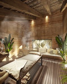 a spa room with steam coming out of the window and plants on the floor next to it