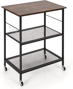 a wooden top shelf on wheels with metal mesh shelves and two trays underneath it