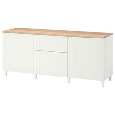 a white cabinet with wooden top and two legs on the bottom, in front of a white background