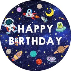 a birthday card with an image of space and rockets in the background that says happy birthday