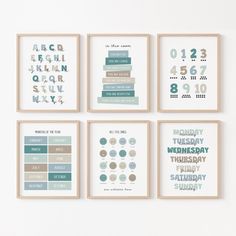 four framed art prints with different font and numbers on the same wall, all in shades of teal