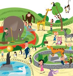 an illustrated zoo scene with animals, people and other things in the area around it