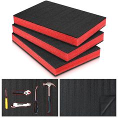 three different types of felt with tools on top and in the bottom, one is black