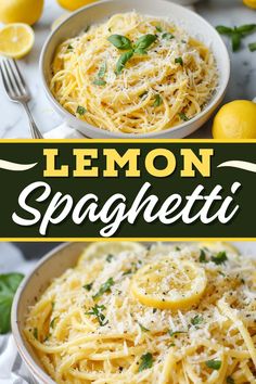 lemon spaghetti with parmesan cheese and fresh basil on the side in a bowl