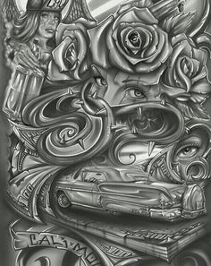 a black and white drawing of an old car with roses on it