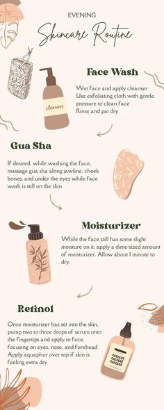 Evening skincare routine to keep skin hydrated and glowing #skincare #guasha #skincareroutine #retinol Daily Routine Face Skincare, Night Skincare Routine Steps, Weekly Skin Care Routine Schedule Retinol, Nighttime Face Routine Skincare, Korean Skincare Routine Day And Night, Gua Sha, Clean Face, Face Cleanser, Retinol