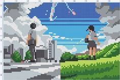 a cross stitch pattern with two people standing on the side of a road near water