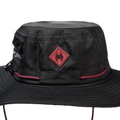 Rubber spider patch on the front Mesh Interior lining Snap pocket on the side Adjustable drawstring 100% Polyester OSFM: 23"C Imported Officially licensed Marvel merchandise Functional Black Bucket Hat For Outdoor Activities, Functional Black Bucket Hat For Outdoor, Adjustable Black Bucket Hat For Hiking, Casual Waterproof Hat For Camping, Casual Waterproof Bucket Hat For Camping, Black Wide Brim Bucket Hat For Hiking, Casual Durable Bucket Hat, Black Wide Brim Hat For Hiking, Black Wide Brim Hat For Camping