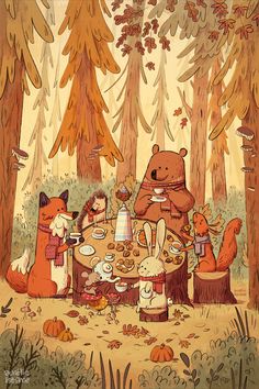 an image of a group of animals having tea in the woods with food on the table