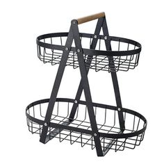 two tiered metal basket holder with wooden handle and handles on each side, black