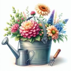 a watering can filled with flowers next to a garden tool