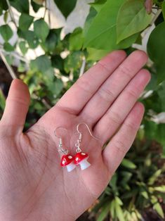 Red Mushroom Earrings | Etsy Cheap Mushroom Design Earrings Gift, Adjustable Mushroom Design Earrings As Gift, Cute White Earrings With Mushroom Design, Whimsical Red Drop Earrings, Cute White Mushroom Design Earrings, Red Mushroom Design Jewelry Gift, Mushroom Design Dangle Earrings For Gift, Mushroom Design Dangle Earrings As Gift, Mushroom Jewelry Earrings