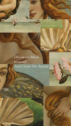 four different paintings of mermaids and seashells with flowers in their hair,