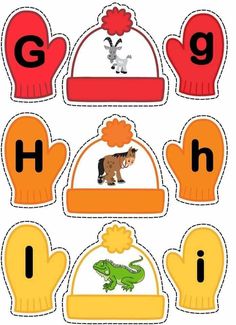 the letter g is for hat and gloves with animals on them, including an iguado