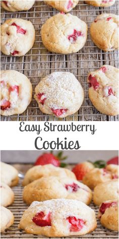 strawberry cookies cooling on a wire rack with the words easy strawberry cookies in front of them