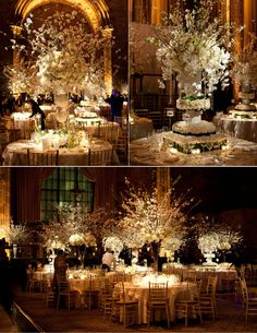 the reception tables are decorated with white flowers and candles