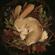 a painting of two rabbits in a nest with leaves and berries on the ground, surrounded by branches