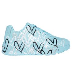 Internationally renowned muralist James Goldcrown brings his iconic #Lovewall heart designs to Skechers in this inspiring collaboration. Show your creative style wearing Skechers Street x JGoldcrown: Uno Lite - Metallic Love. This lace-up fashion sneaker features a metallic print of the artist's signature graffiti heart design that extends to the midsole, a synthetic durabuck and perforated trim upper, Skechers Air-Cooled Memory Foam insole, plus a platform wedge midsole. | Skechers Girl's x JGoldcrown: Uno Lite - Metallic Love Sneaker | Medium Width | From the Skechers x JGoldcrown collab featuring the muralist's iconic #Lovewall design | Skechers Air-Cooled Memory Foam cushioned comfort insole | Lace-up synthetic upper with metallic graffiti hearts | Shock-absorbing wedge midsole | Flexi Graffiti Hearts, Graffiti Heart, Girls Shoes Sneakers, Heart Designs, Lace Up Wedges, Size Chart For Kids, Metallic Prints, Girls Shoes Kids, Shoes Flats Sandals