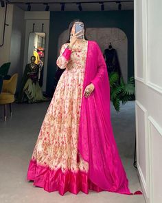 Shaded Pink Full length Tussar Silk Gown with Chiffon Dupatta - Modest, Flowing, and Luxurious Design, Ready to Wear, Ship to USA, Womens Dress Readymade, SheGemStudio M(38''), L(40''), XL(42''), XXL(44'') Occasions - Special Wedding Outfit / Festive Wear PACKAGE CONTAINS - Gown + Dupatta Premium Designer Readymade Gown-Dupatta Collections. 👗 Gown (Fully Stitched) Fabric - Tussar Silk Work - Print With Foil Print Chest Size - 40 (Inside 2 inch extra margin support up to 38" to 42" for your body Tassels Dupatta, Lehenga Crop Top, Gown With Dupatta, Lehenga Choli Wedding, Floral Lehenga, Party Wear Lehenga Choli, Reception Gown, Bollywood Lehenga, Cocktail Wear