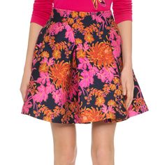 A Bright Floral Zac Posen Miniskirt With A Flirty, Pleated Silhouette. On-Seam Hip Pockets. Hidden Back Zip. Lined. Fabric: Mid-Weight Brocade. 90% Polyester/10% Polyamide. Dry Clean. Measurements Length: 18in / 46cm Measurements From Size 6 Pink A-line Bottoms For Party, Spring Silk A-line Skirt, Chic Pink Skirt For Cocktail, Spring Cocktail Skirt With Gathered Detail, Pink Silk Full Skirt, Gathered Skirt For Spring Cocktail Events, Gathered Skirt For Cocktail Occasions In Spring, Pink A-line Party Bottoms, Flared Silk Skirt