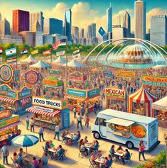 a painting of an outdoor food truck festival