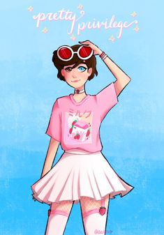 a drawing of a girl in pink shirt and white skirt with sunglasses on her head