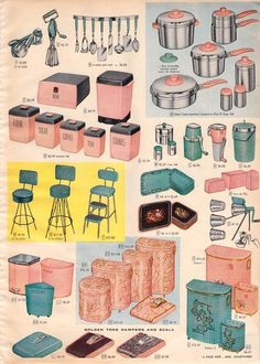 an old advertisement for kitchen appliances from the 1950's, featuring pink and blue