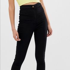 Collusion Skinny High Waisted Jegging In Black. Ordered From Asos. Slim Black Bottoms For Workwear, Slim Stretch Bottoms For Workwear, High Rise Black Slim Fit Bottoms, High Rise Slim Fit Black Bottoms, Black Slim Stretch Bottoms, Trendy Fitted Slim Pants, Chic Slim Bottoms For Fall, Edgy Fitted High Rise Pants, Chic Slim Fall Bottoms