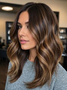 Cool Tone Brown Hair Balayage Caramel Highlights, Summer Baylage Brunette, Brunette Bayalage Honey, Blended Brown Hair, Caramel Balayage With Curtain Bangs, Chocolate Brown Balayage Straight Hair, Fine Hair Balayage, Low Maintenance Hair Color Brunette Balayage Subtle Highlights, Bayalage Brunette 2024